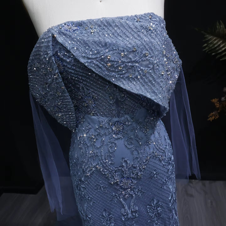 Luxury Blue Beaded Off Shoulder Evening Dress SS083