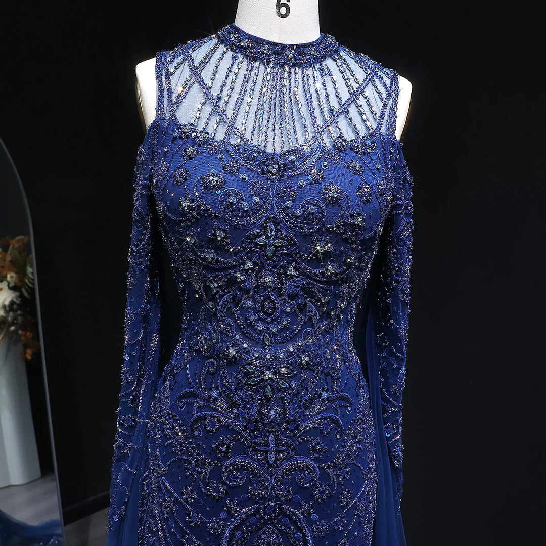Elegant Navy Blue Off Shoulder Cape Sleeves Evening Dress SS111