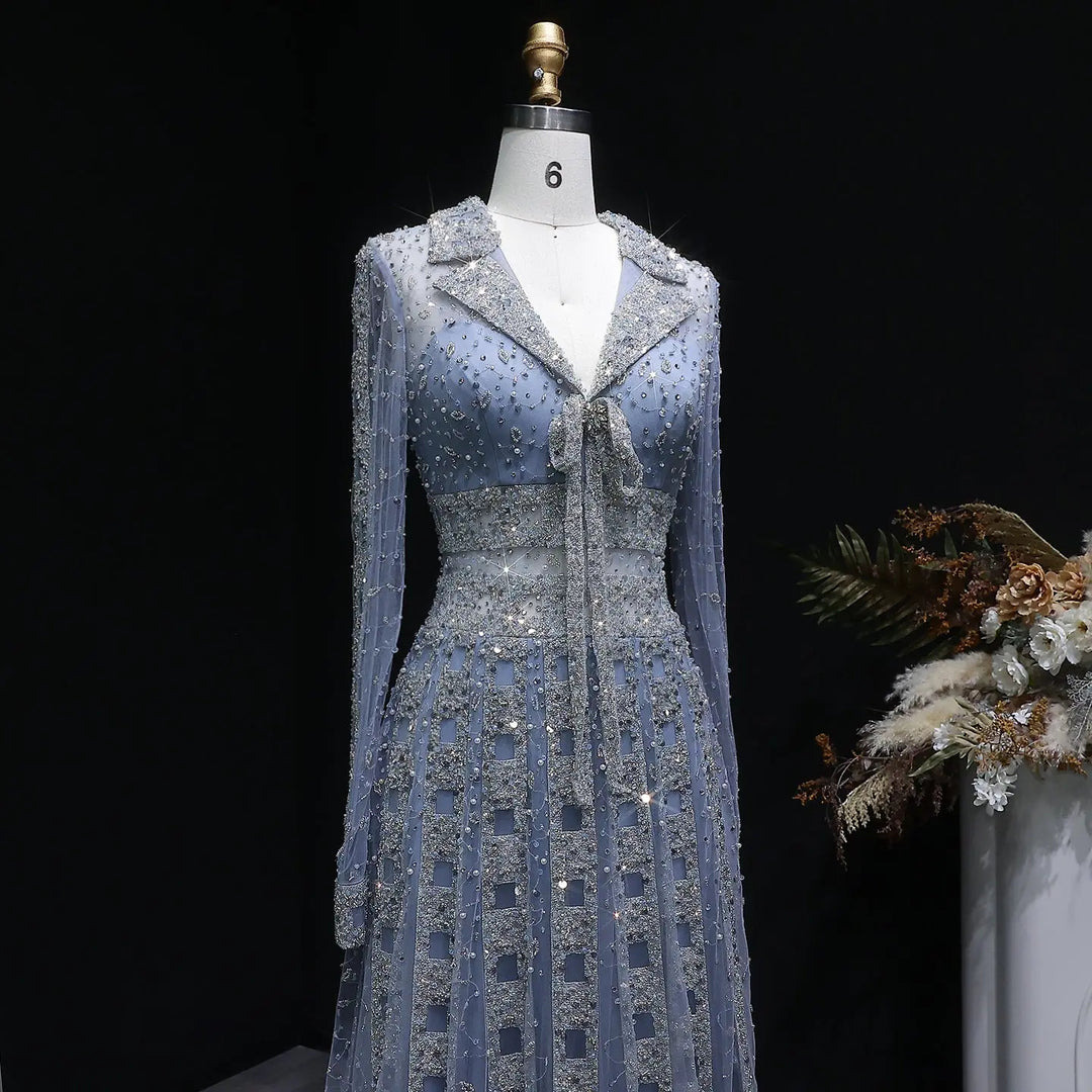 Luxury Champagne Gold Sequin Long Sleeve Evening Gown with Sheer Tulle Overlay SS149