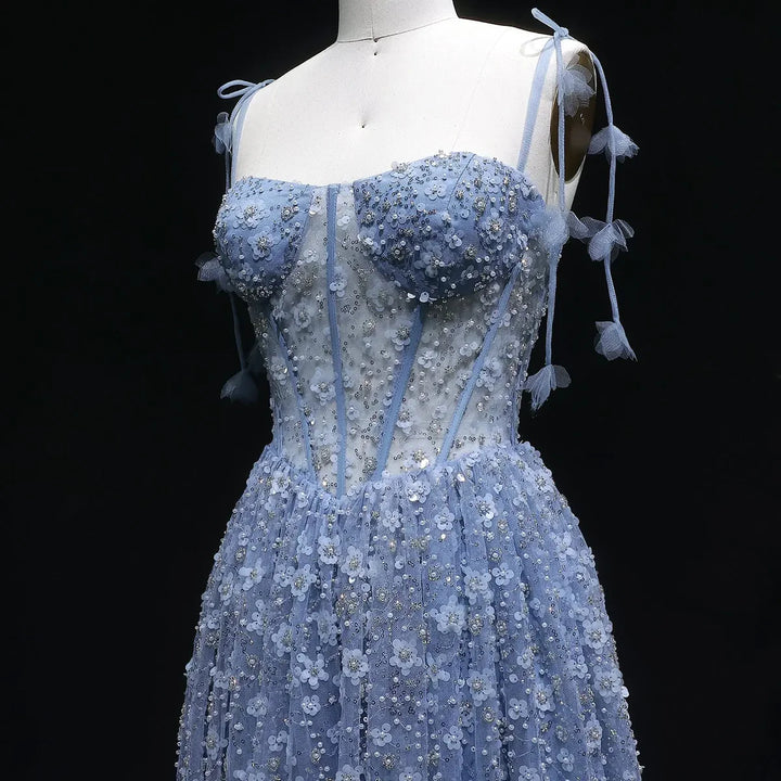 Delicate Pink 3D Floral Spaghetti Evening Dress SS701