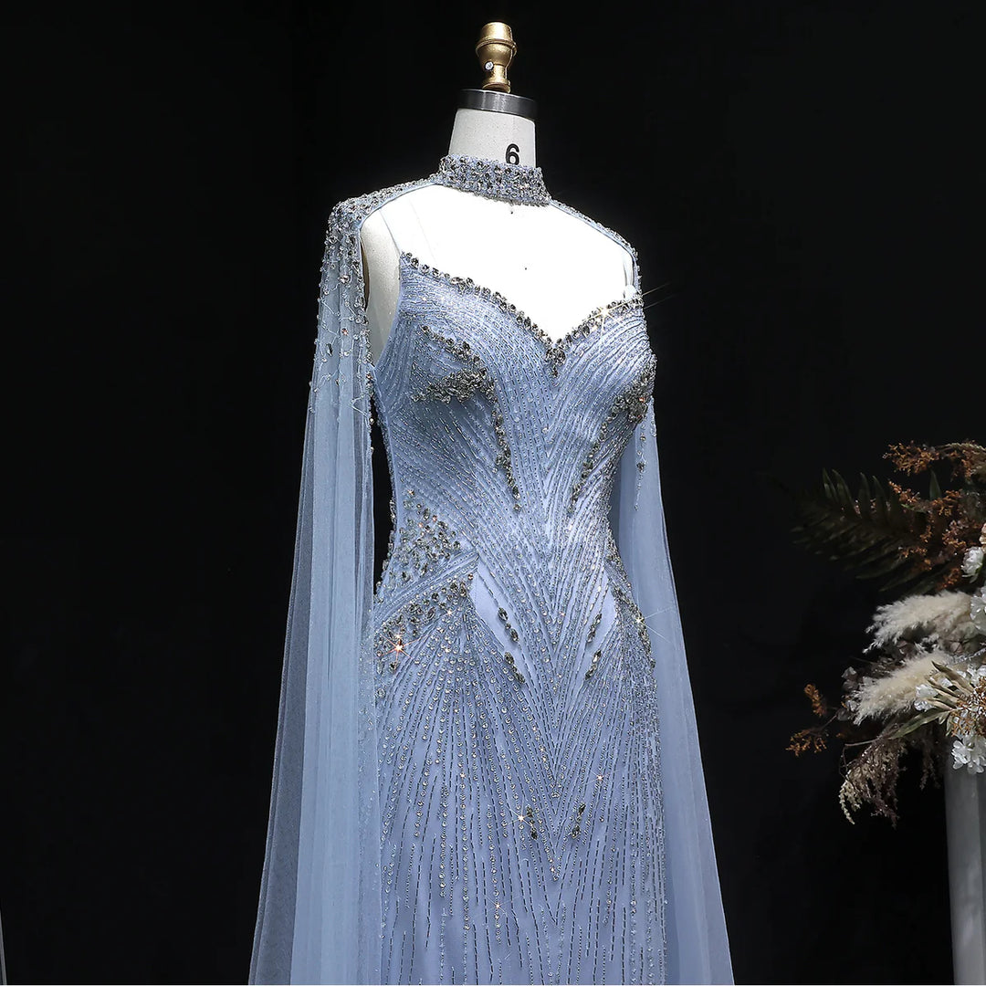 Luxury Blue Crystal Beaded Spaghetti Strap Evening Gown with Cape SS151