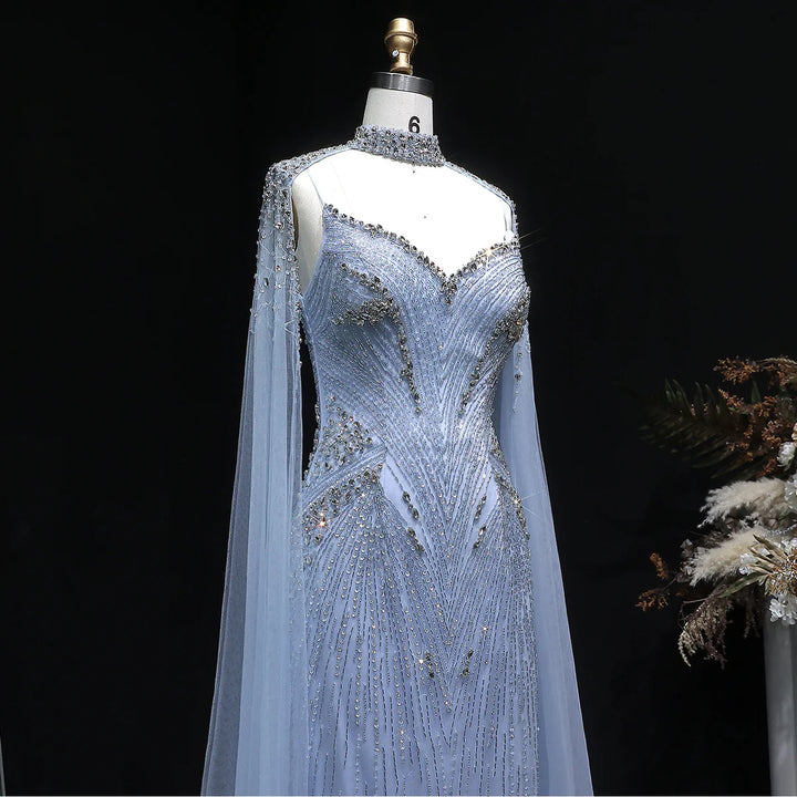 Luxury Blue Crystal Beaded Spaghetti Strap Evening Gown with Cape SS151