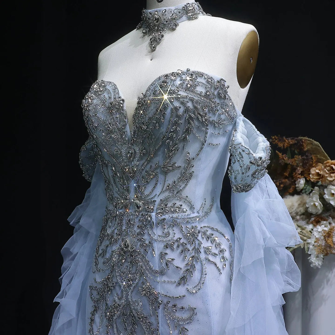 Luxury Blue Crystal Embellished Tulle Evening Dress with Ruffled Cape SS723