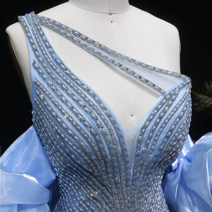 Elegent Blue Beaded One-Shoulder Evening Dress with Flowing Cape SS016