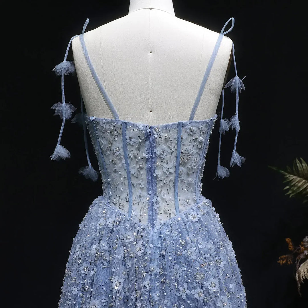 Delicate Pink 3D Floral Spaghetti Evening Dress SS701