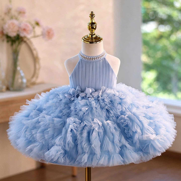 Pearl Halter Ruffle Tulle Girls Pageant Dress D010