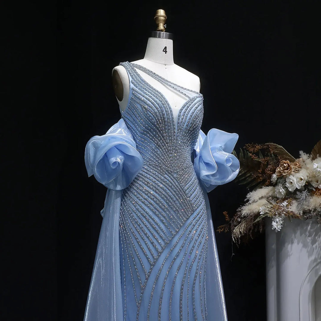 Elegent Blue Beaded One-Shoulder Evening Dress with Flowing Cape SS016