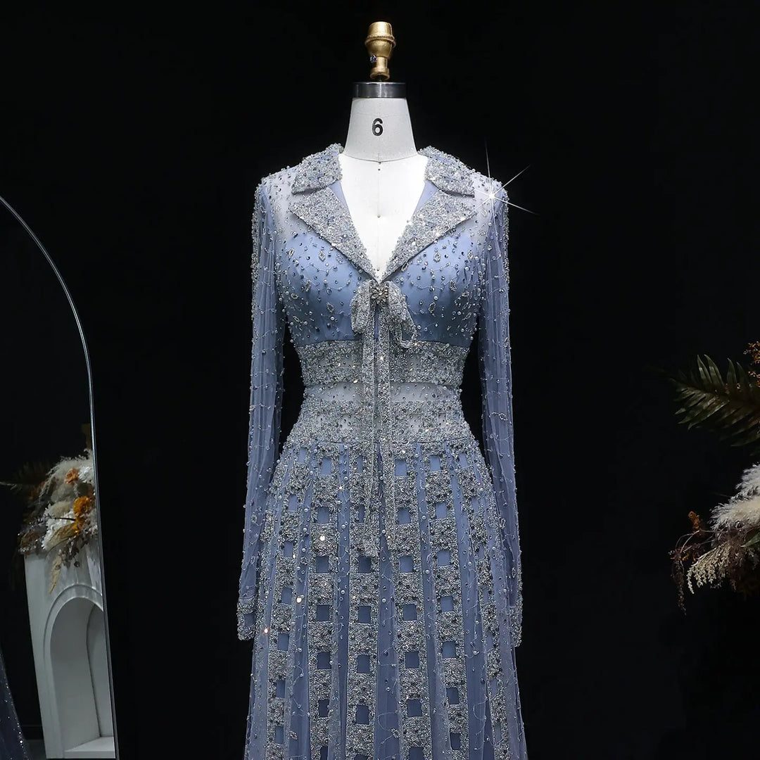 Luxury Champagne Gold Sequin Long Sleeve Evening Gown with Sheer Tulle Overlay SS149