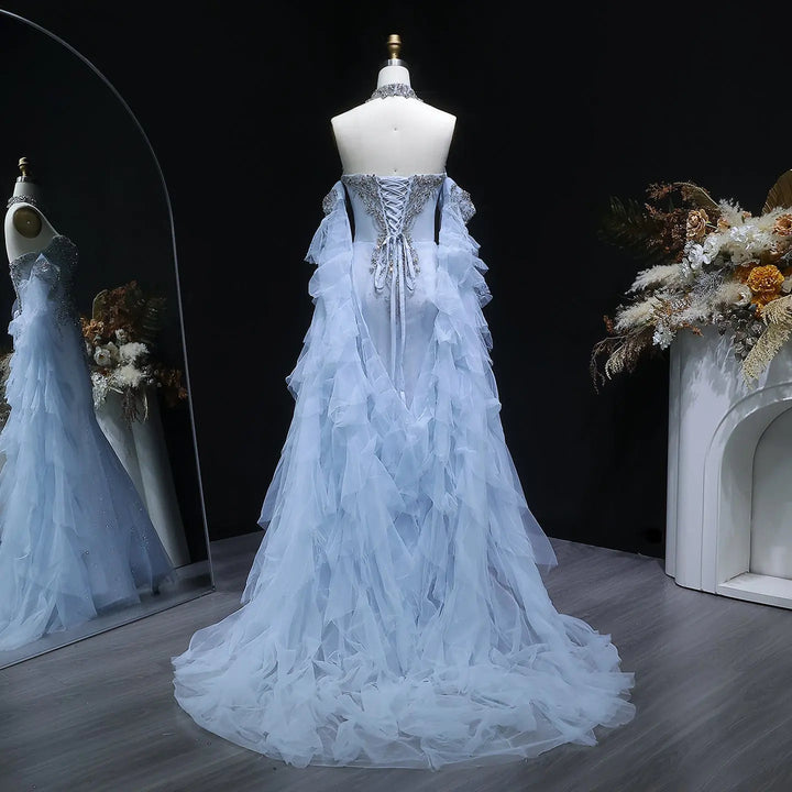 Luxury Blue Crystal Embellished Tulle Evening Dress with Ruffled Cape SS723