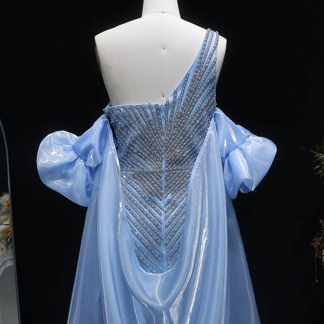 Elegent Blue Beaded One-Shoulder Evening Dress with Flowing Cape SS016