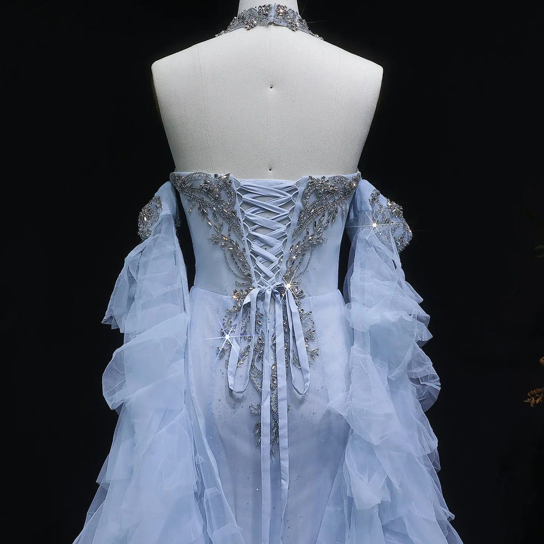 Luxury Blue Crystal Embellished Tulle Evening Dress with Ruffled Cape SS723