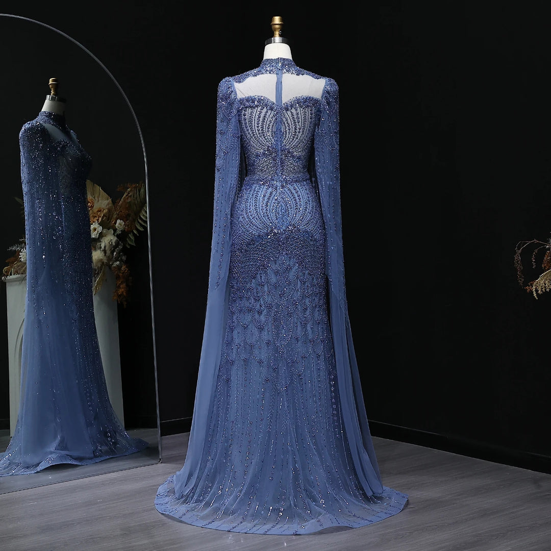 Blue Arabic Style Beaded Evening Dress with High Neck SS079