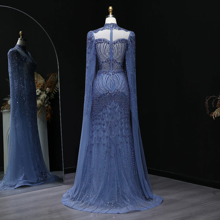 Blue Arabic Style Beaded Evening Dress with High Neck SS079
