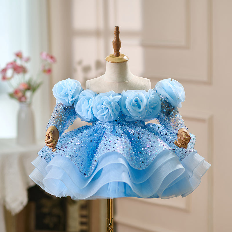 Flower Girl Dress with 3D Floral Accents Sparkling Sequins D099