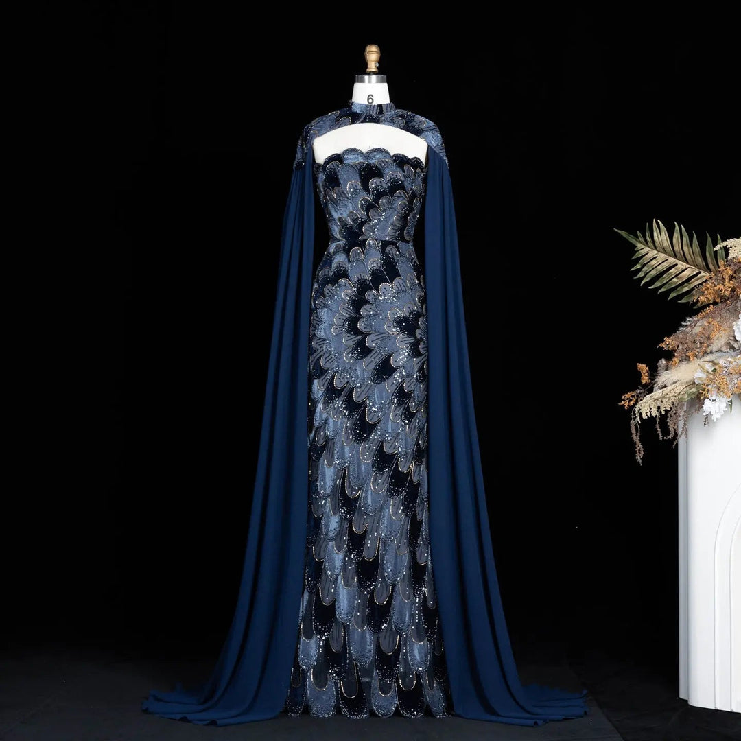Strapless Floral Beaded Mermaid Prom Evening Dress with Shawl SS617