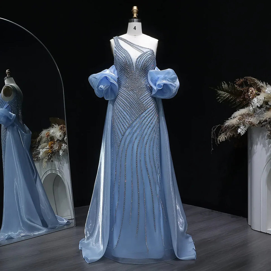 Elegent Blue Beaded One-Shoulder Evening Dress with Flowing Cape SS016