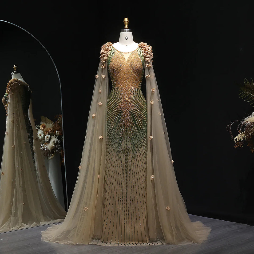 Elegant Brown Beaded 3D Floral Evening Dress with Cape SS022