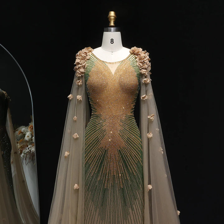 Elegant Brown Beaded 3D Floral Evening Dress with Cape SS022