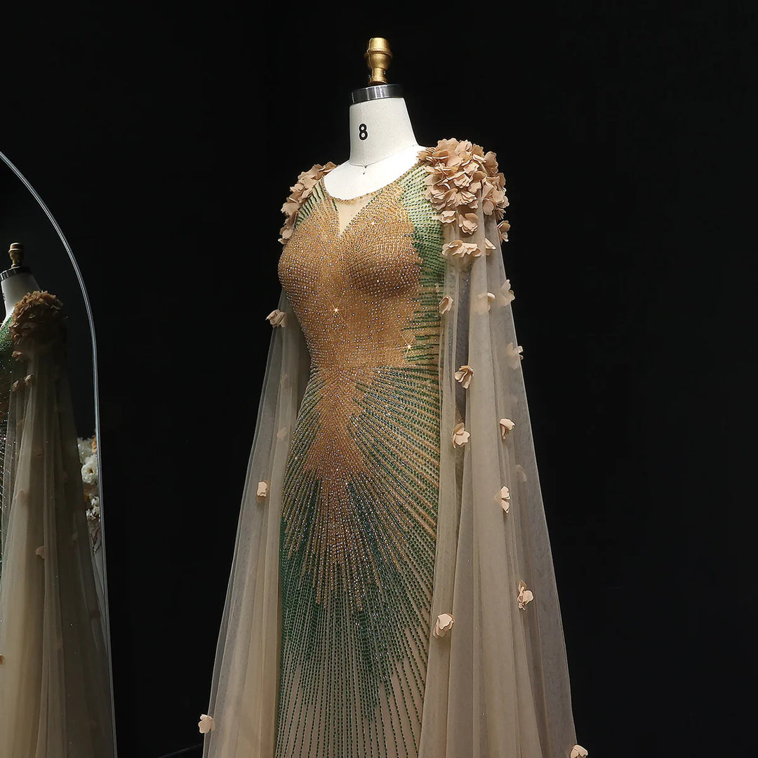 Elegant Brown Beaded 3D Floral Evening Dress with Cape SS022