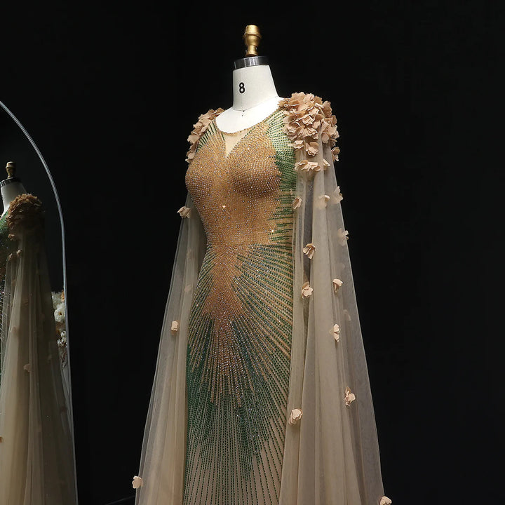 Elegant Brown Beaded 3D Floral Evening Dress with Cape SS022