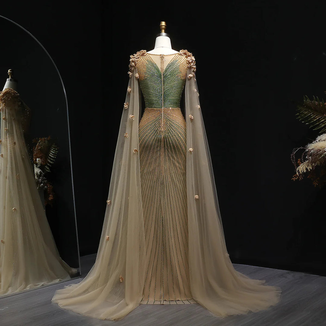 Elegant Brown Beaded 3D Floral Evening Dress with Cape SS022