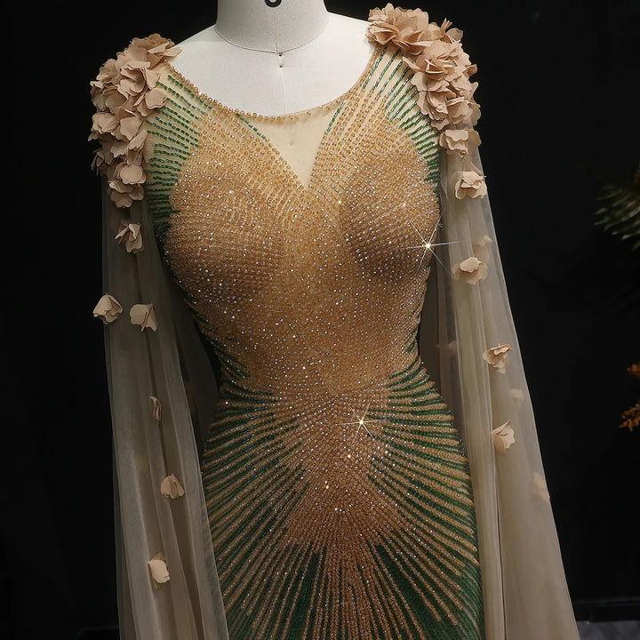 Elegant Brown Beaded 3D Floral Evening Dress with Cape SS022