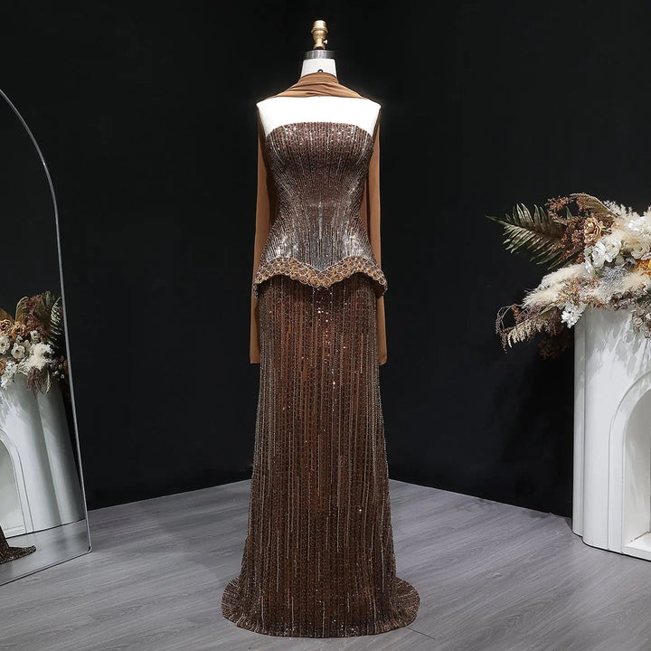 Luxury Orange Sparkle Strapless Peplum Pageant Evening Dress with Scarf SS560