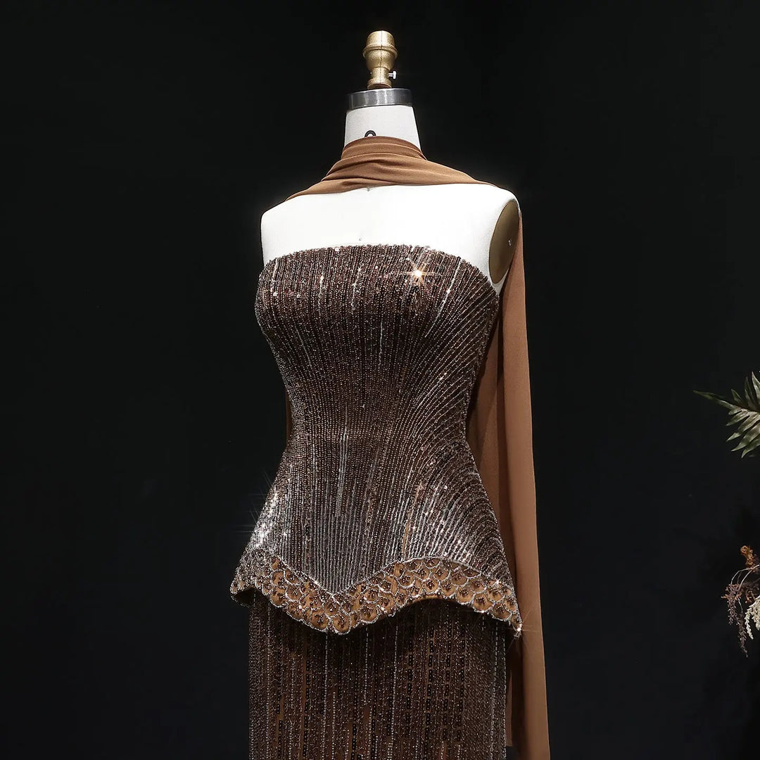 Luxury Orange Sparkle Strapless Peplum Pageant Evening Dress with Scarf SS560