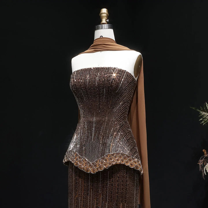 Luxury Orange Sparkle Strapless Peplum Pageant Evening Dress with Scarf SS560