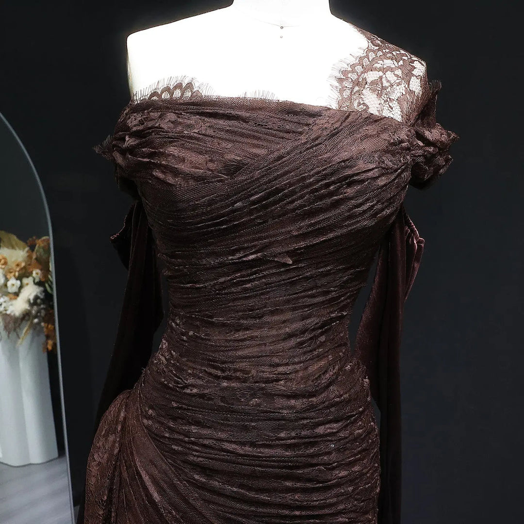 Elegant Lace Black Evening Dress with Gloves SF017