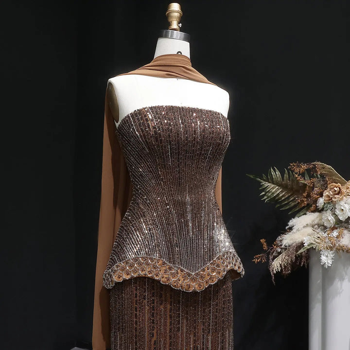 Luxury Orange Sparkle Strapless Peplum Pageant Evening Dress with Scarf SS560