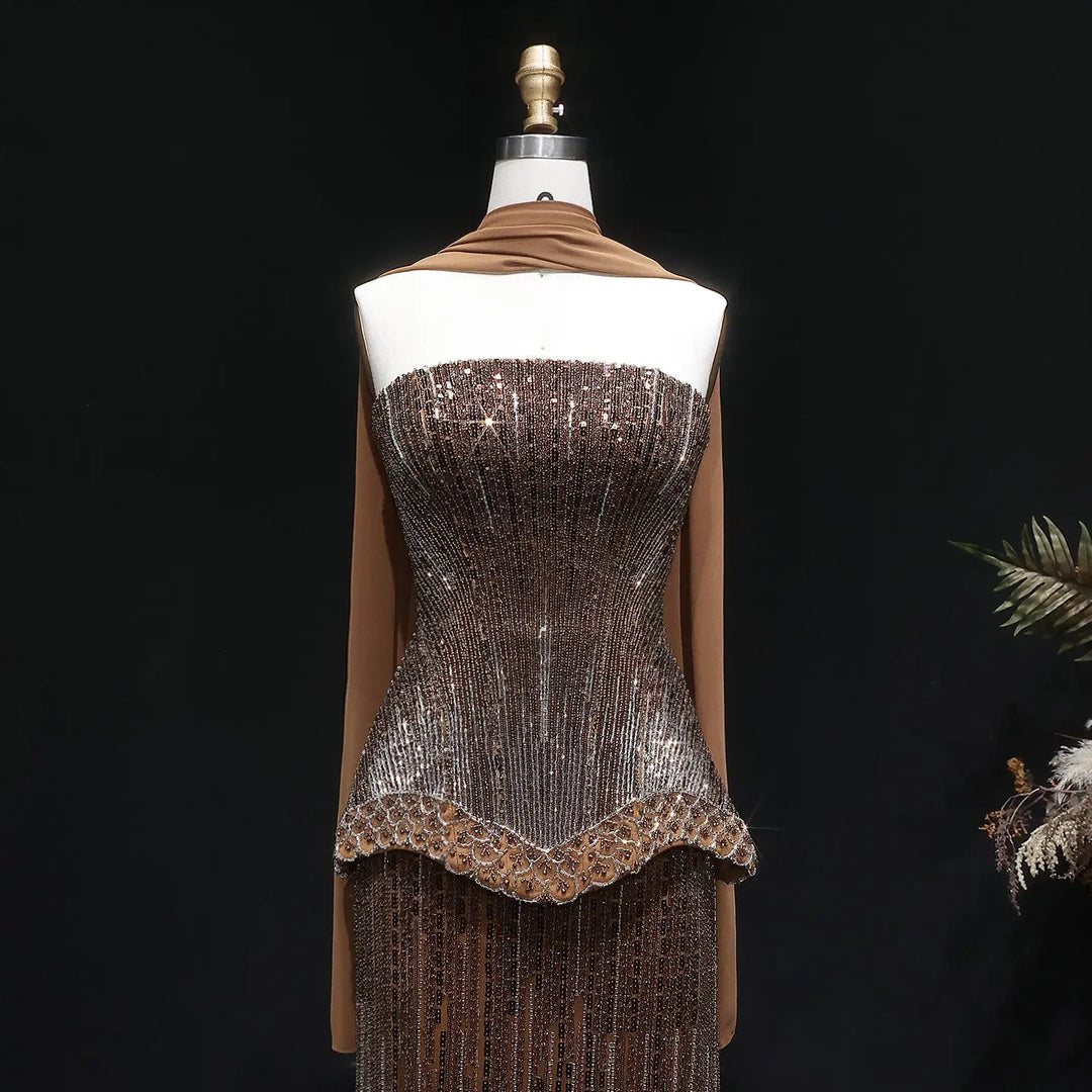 Luxury Orange Sparkle Strapless Peplum Pageant Evening Dress with Scarf SS560