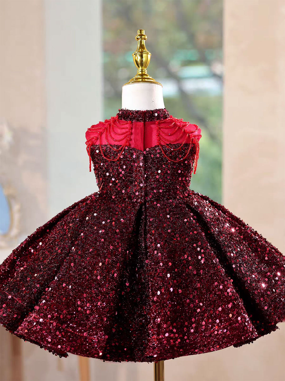 Elegant Burgundy Sparkly Girl Dress Princess Birthday Gown D216