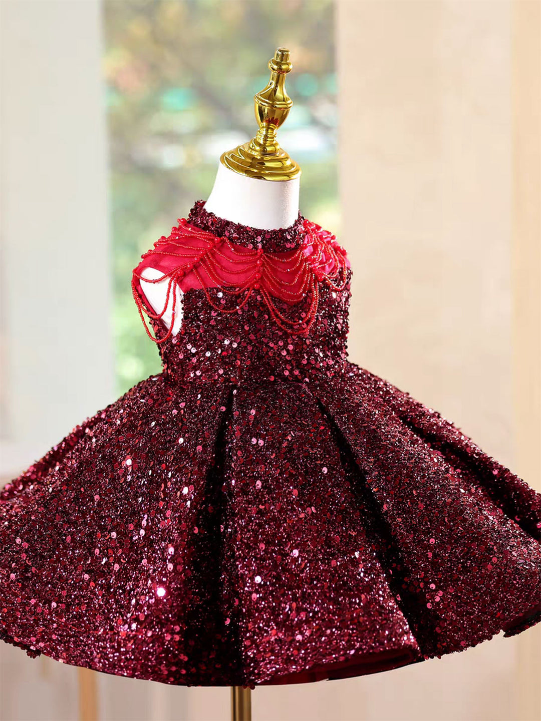 Elegant Burgundy Sparkly Girl Dress Princess Birthday Gown D216