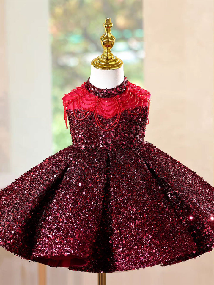 Elegant Burgundy Sparkly Girl Dress Princess Birthday Gown D216