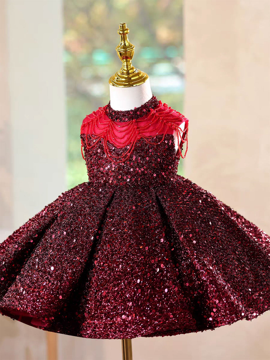 Elegant Burgundy Sparkly Girl Dress Princess Birthday Gown D216