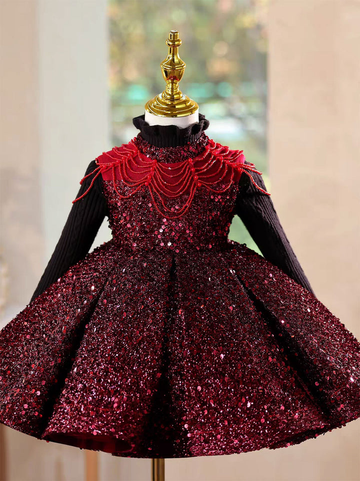Elegant Burgundy Sparkly Girl Dress Princess Birthday Gown D216