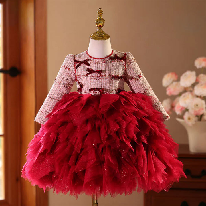 Burgundy Long Sleeve Flower Girl Dress for Kids Birthday Party Pageant J833