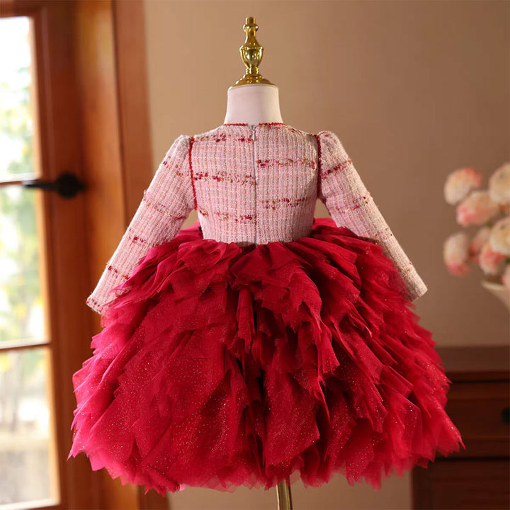 Burgundy Long Sleeve Flower Girl Dress for Kids Birthday Party Pageant J833