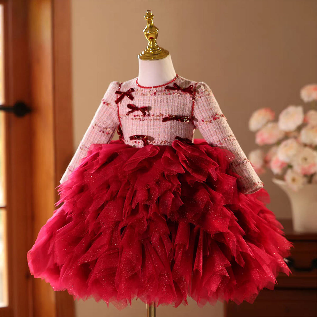 Burgundy Long Sleeve Flower Girl Dress for Kids Birthday Party Pageant J833 Burgundy / child-14
