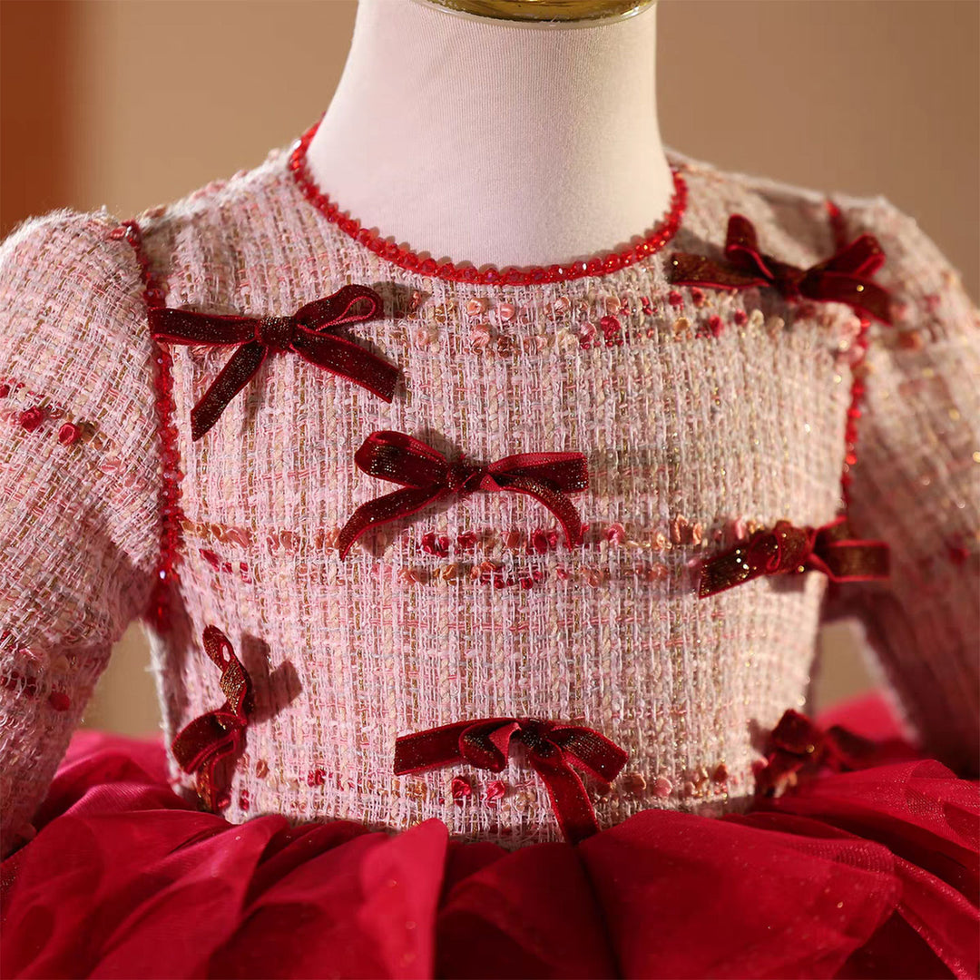 Burgundy Long Sleeve Flower Girl Dress for Kids Birthday Party Pageant J833