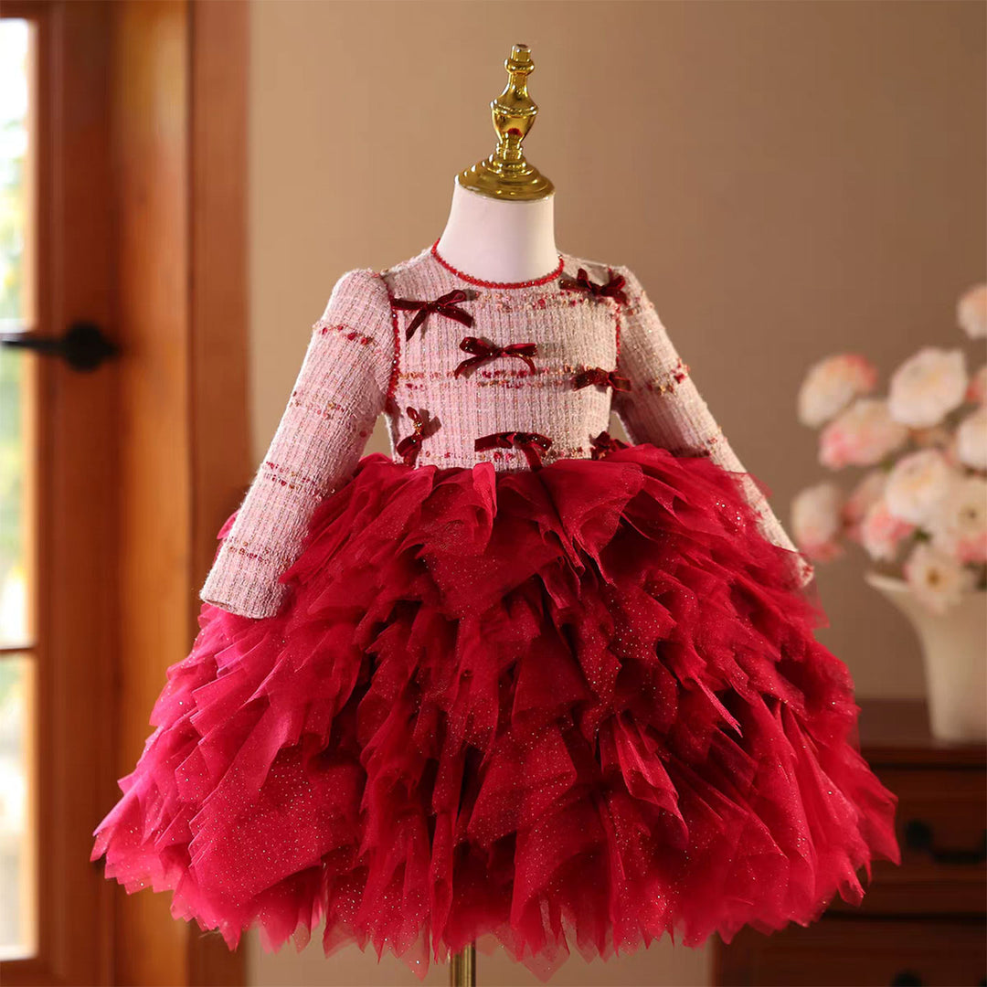 Burgundy Long Sleeve Flower Girl Dress for Kids Birthday Party Pageant J833