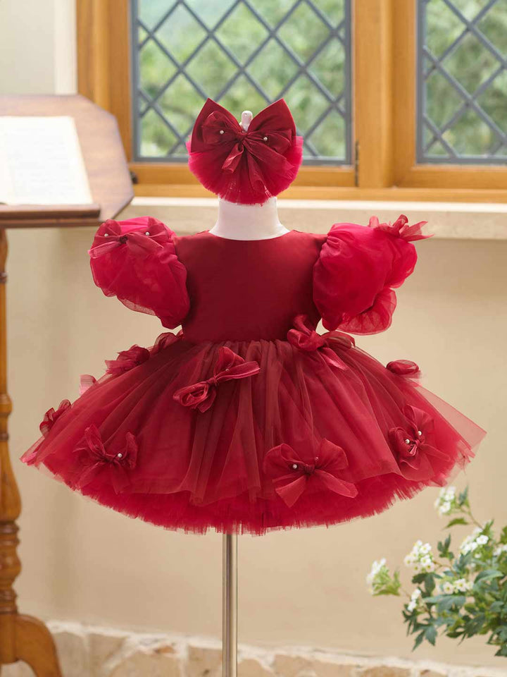 Butterfly Bow Puff Sleeve High-Low Flower Girl Dress with Tulle Train J508