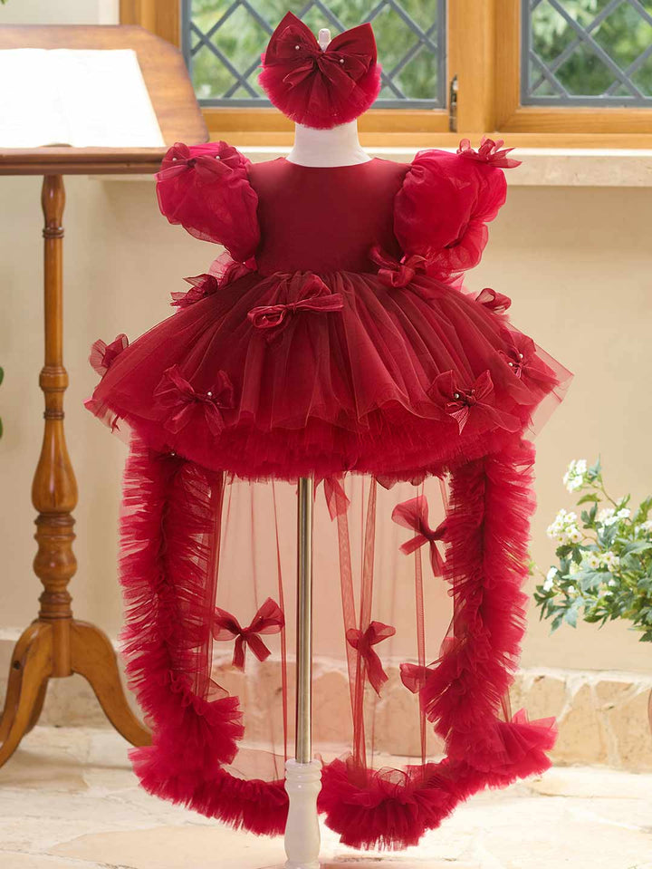 Butterfly Bow Puff Sleeve High-Low Flower Girl Dress with Tulle Train J508