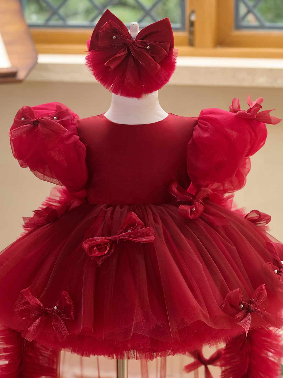 Butterfly Bow Puff Sleeve High-Low Flower Girl Dress with Tulle Train J508