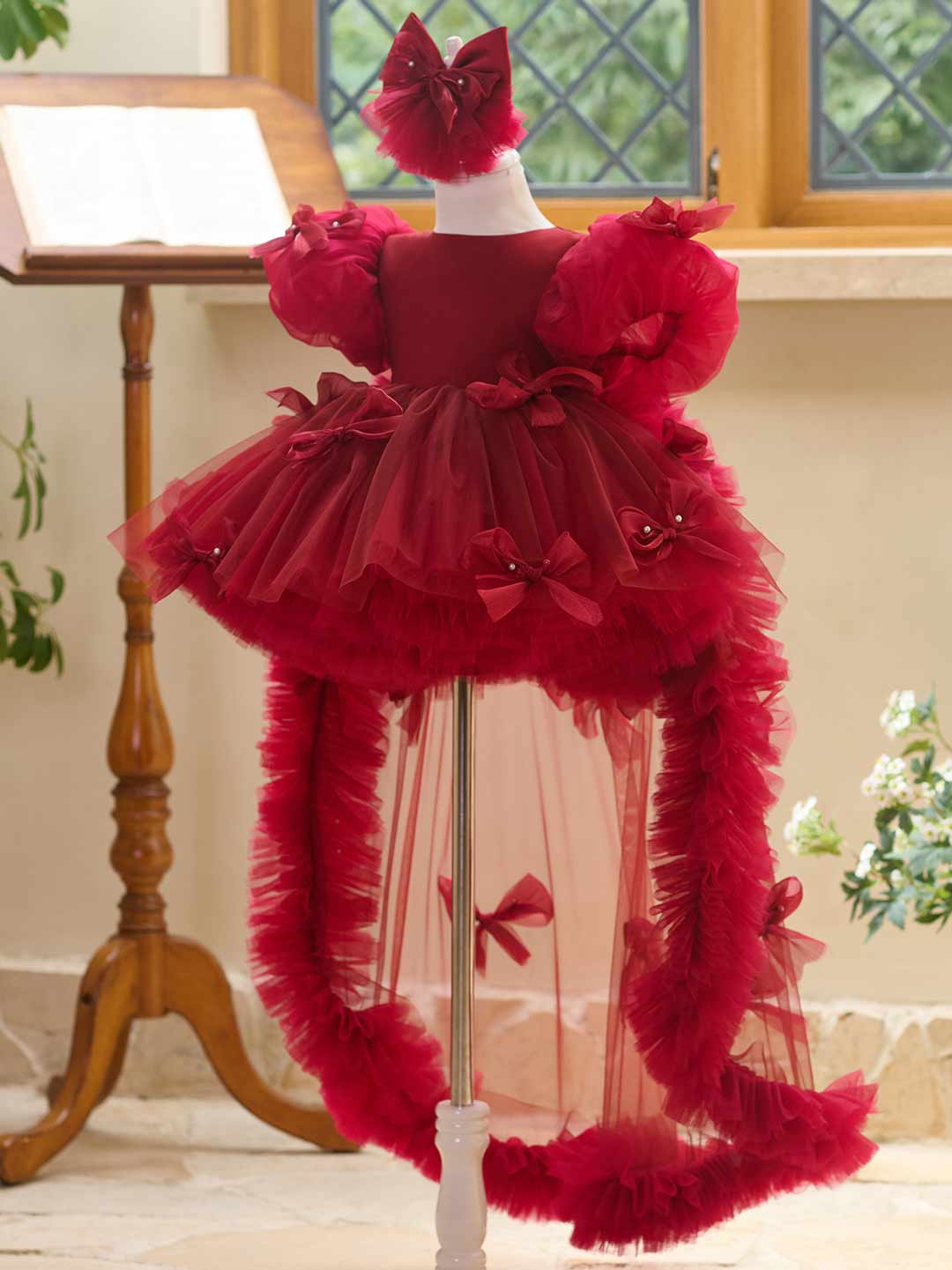 Butterfly Bow Puff Sleeve High-Low Flower Girl Dress with Tulle Train J508