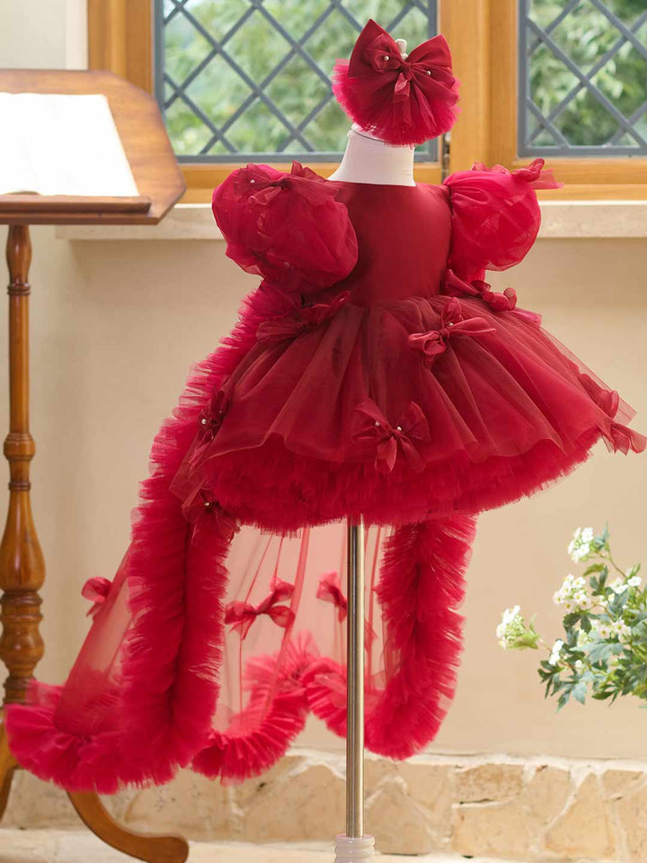 Butterfly Bow Puff Sleeve High-Low Flower Girl Dress with Tulle Train J508
