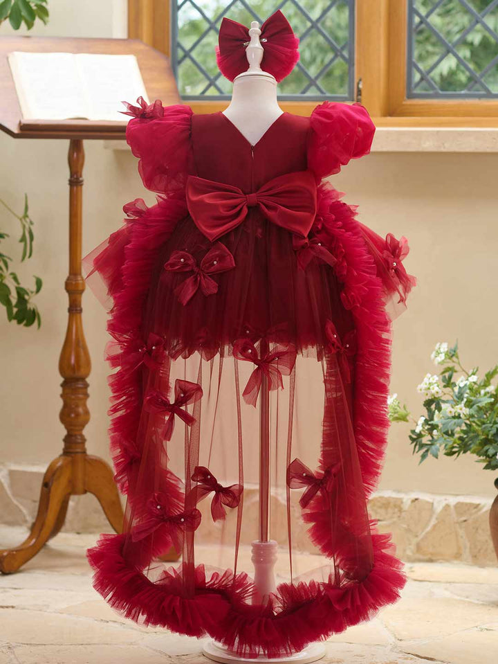 Butterfly Bow Puff Sleeve High-Low Flower Girl Dress with Tulle Train J508