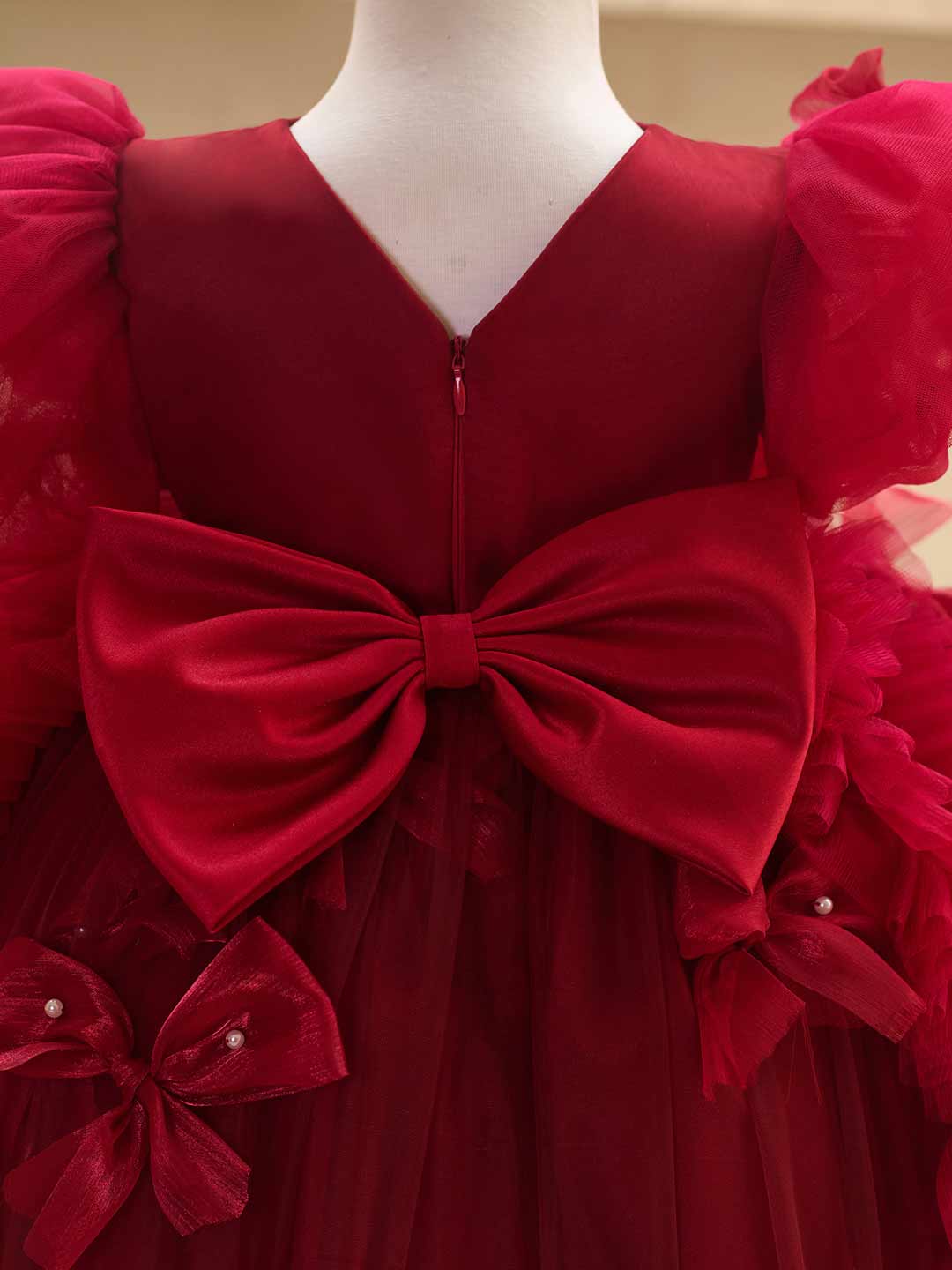 Butterfly Bow Puff Sleeve High-Low Flower Girl Dress with Tulle Train J508