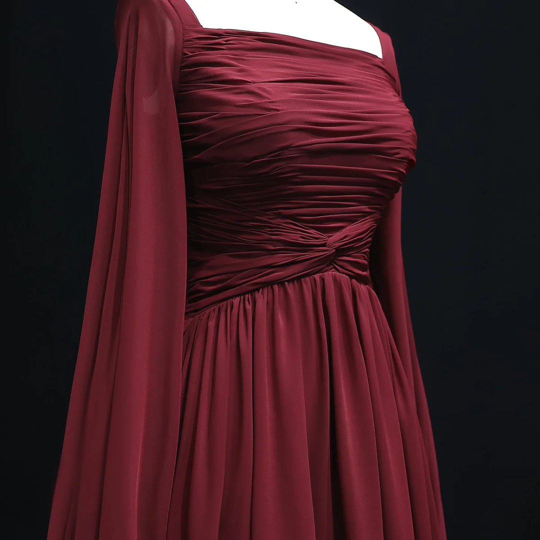 Elegant Red Chiffon Arabic Evening Dresses with Cape Sleeves SF032